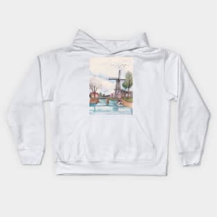 De Adriaan Windmill Haarlem Netherlands Watercolor Ink Travel Art Kids Hoodie